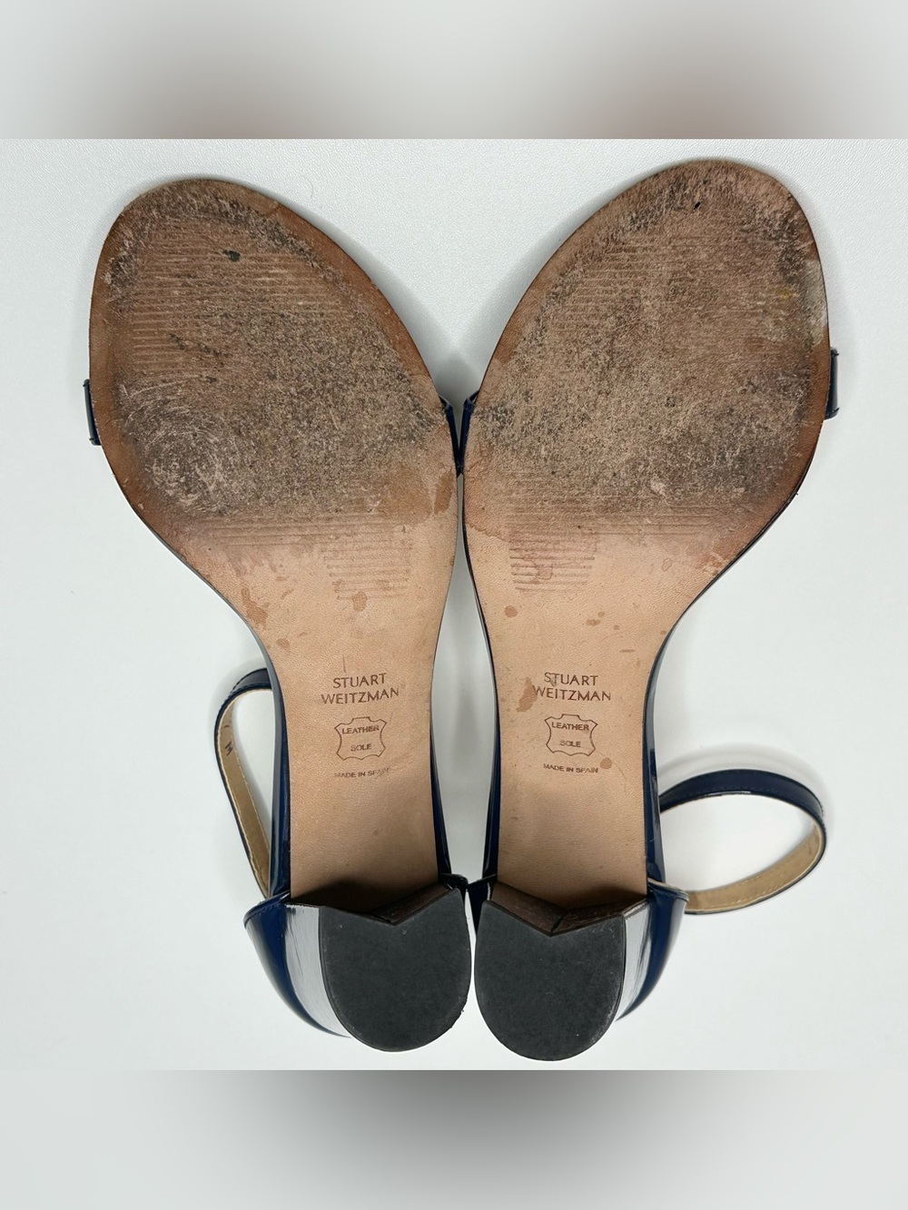 Stuart Weitzman Navy Blue Patent Leather Nudist Curve Heels Shoes Sandal - Picture 11 of 12